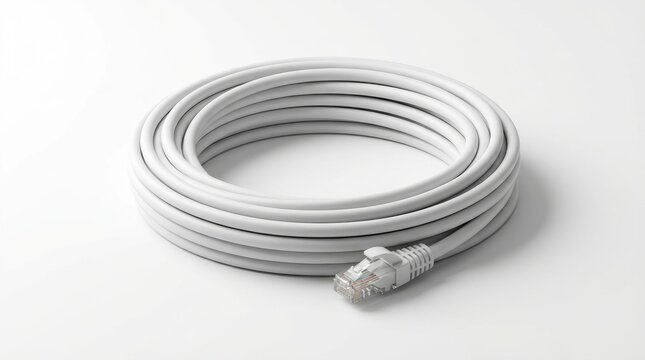 A coiled white ethernet cable with a clear RJ45 connector on a plain surface