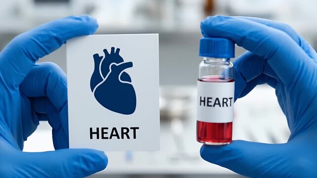 Human heart symbol with blood sample and medical vial in laboratory test showcasing healthcare, medical research, cardiology, science, and medical equipment for advanced medical and blood tests
