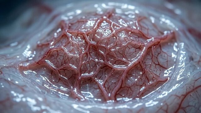 Blood vessel network close up organic tissue surface with wet glossy texture and intricate vein structure showing biological detail and natural complexity moist environment circulatory system anatomy