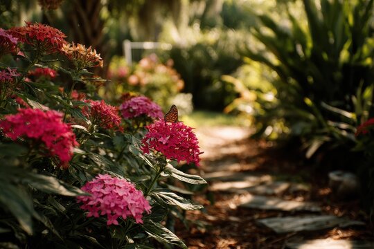 Vibrant pentas blossoms frame a tranquil garden setting in the warm sun