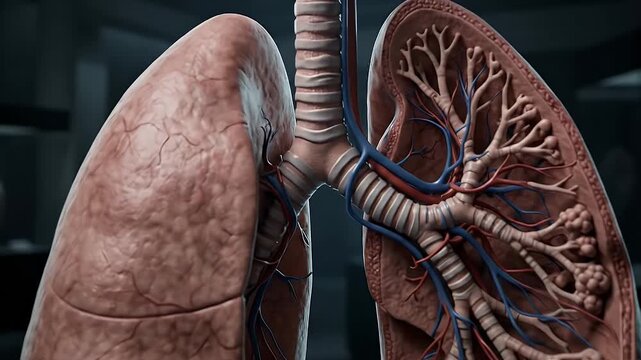 Lung bronchial tube blood vessel respiratory system anatomy medical illustration detailed bronchial tree alveoli structure internal external lung parts educational informative visualization realistic