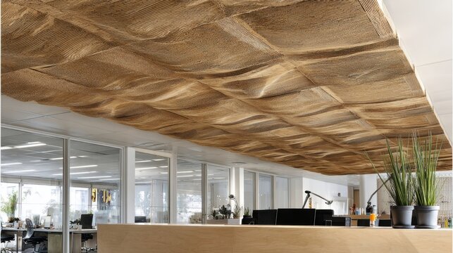 Unique Corrugated Cardboard Ceiling Panels Create a Textured Organic Wave Pattern in Modern Interior Architecture