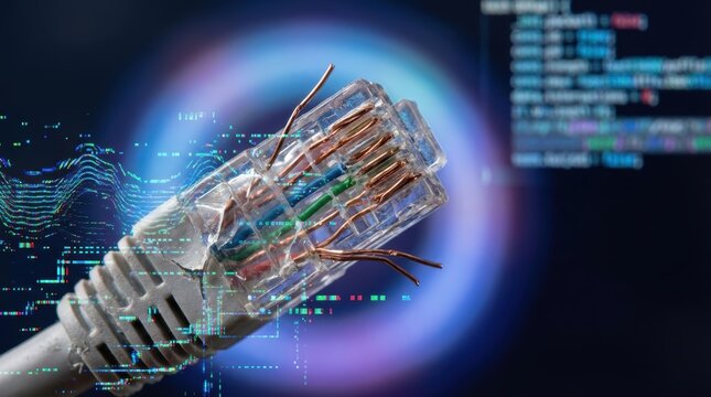 Close up of a damaged Ethernet cable with exposed wires against a digital data stream