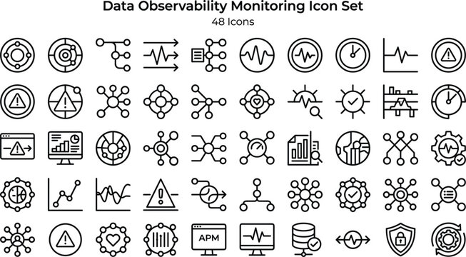 Data Observability Monitoring Icon Set Featuring Metrics, Alerts, Tracing, Performance Analysis and System Reliability Concepts