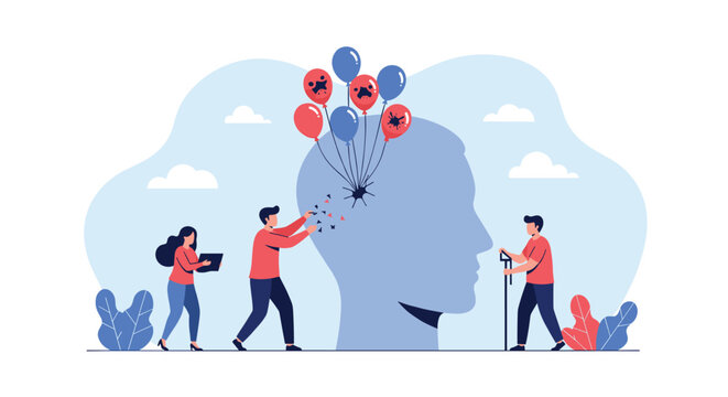 Group of people tries to fix a giant human head where negative thoughts escape from a hole, symbolizing mental health and psychological support.