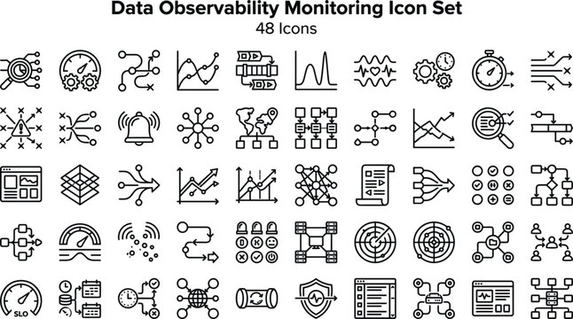 Data Observability Monitoring Icon Set Featuring Metrics Tracking, Logs Analysis, Alerts, Performance Dashboards and System Reliability Concepts