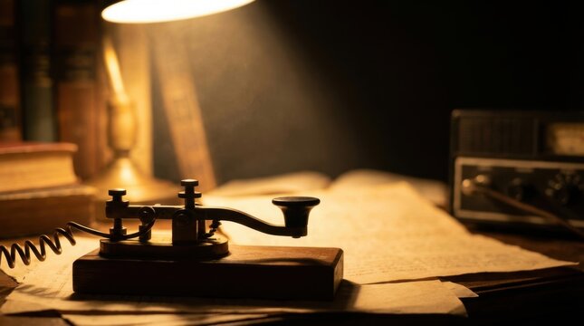 Antique telegraph key rests on a wooden base next to old books and radio equipment