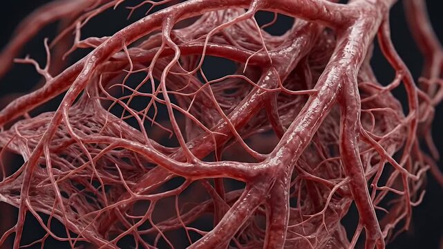 Close up view red blood vessels capillaries forming complex network detailed texture structure dark background contrast artery vein circulatory system anatomy medical biology organic texture health