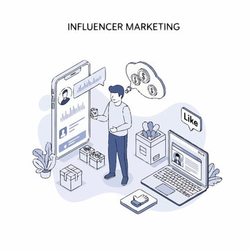 Influencer marketing concept with person and devices.