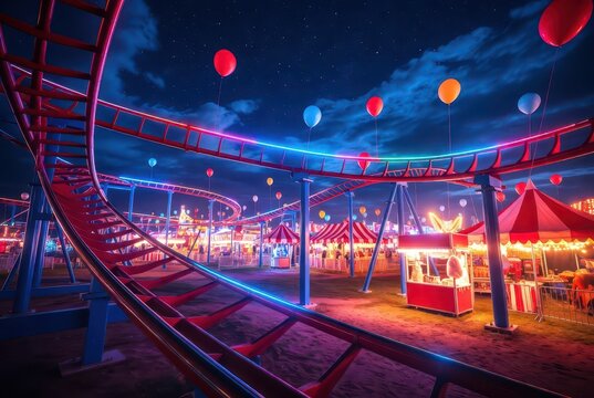 Vibrant neon-lit roller coaster at a magical nighttime carnival with balloons