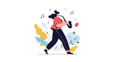 Fototapeta premium Talented female musician walking while playing a saxophone surrounded by floating musical notes and abstract artistic shapes.