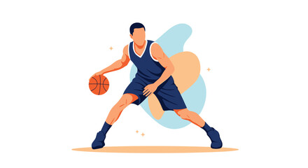 Obraz premium Dynamic vector illustration of a basketball player in a blue uniform dribbling a ball on a stylized court with geometric background shapes.
