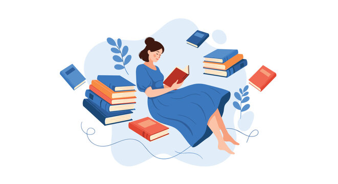 Young woman sitting cross legged and reading a book while several other books float around her in a peaceful and imaginative scene.