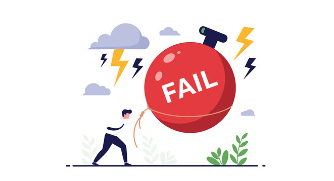 Businessman struggles to pull a giant red ball labeled fail with a rope during a storm, representing the burden of failure and business crisis.