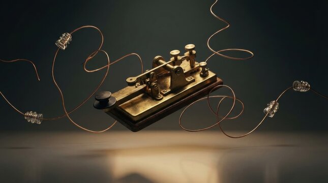 Antique brass Morse code telegraph key with copper wires and glass insulators