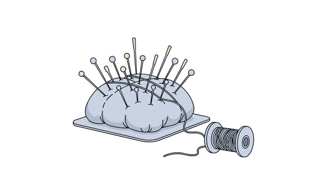 Pin cushion filled with several sewing needles and pins next to a small spool of blue thread on a white background.