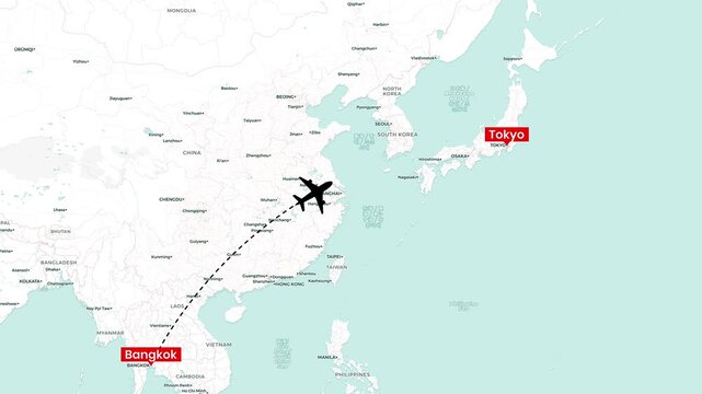 Airplane motion footage showing flight path animation from Bangkok to Tokyo