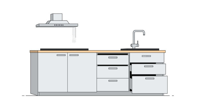 Modern kitchen interior featuring a grey cabinet set with drawers, a wooden countertop, a sink, and a sleek range hood.