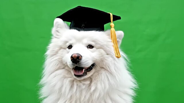 Adorable white Samoyed dog wearing a graduation cap on a vibrant green background, celebrating achievement and intelligence.