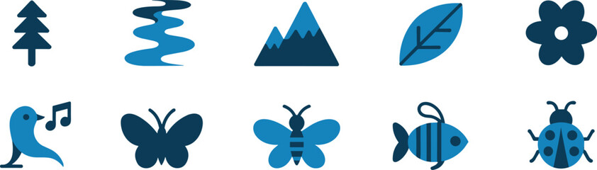 Blue and navy flat nature icon set featuring forest pine tree winding river mountain peak leaf flower singing bird butterfly honeybee fish and ladybug symbols © MDRahamat