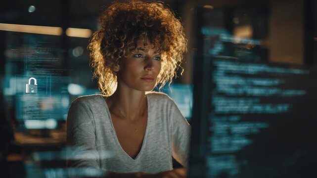Woman working in office on computer with code and data in background during evening hours of a weekday
