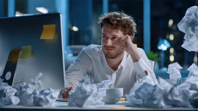 Late night work at a messy desk with crumpled paper and a computer display