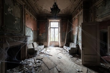 Naklejka premium Abandoned opulent room with peeling wallpaper, dusty furniture, and cobwebs, eerie atmosphere