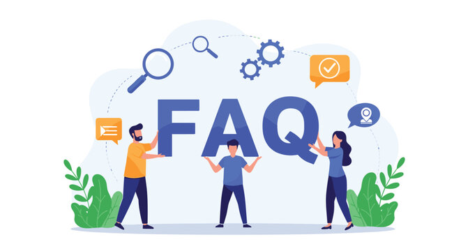 Three people standing around the large blue letters FAQ representing frequently asked questions and support.