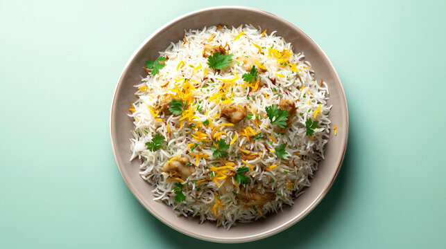 Delicious chicken biryani in round plate on green background