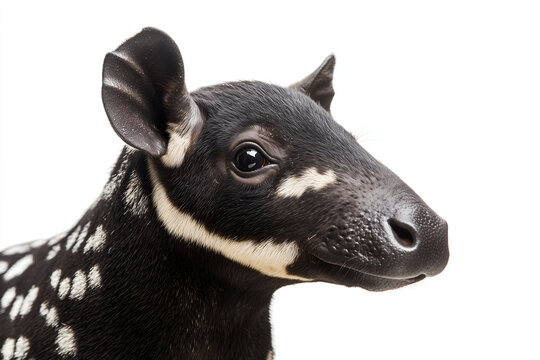 Close up portrait of a malayan tapir head in profile isolated on white