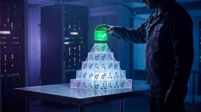 Technician placing a glowing checkmark cube on top of a digital pyramid of data and process icons