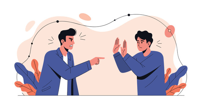 Heated argument between two young men where one is pointing his finger aggressively while the other holds up his hands.