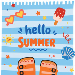 Naklejka premium Hand drawn lettering banner of hello summer with different decorative elements. Doodle colored illustration isolated on white background.