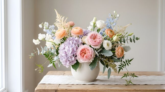 Flowers displayed in a white vase rest on a rustic wooden table under soft window light to provide a serene and welcoming aesthetic.