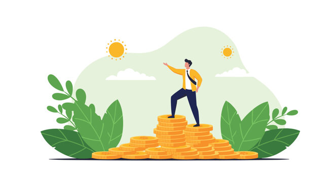 Successful businessman standing triumphantly on top of a mountain of gold coins while pointing towards the sun.