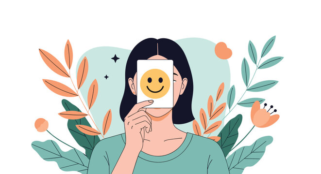 Woman holding a simple smiley face card over her real expression to illustrate the pressure of faking happiness in social settings.
