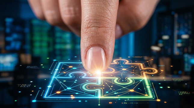 Ai inference puzzle piece finger touch digital network interface glowing technology concept