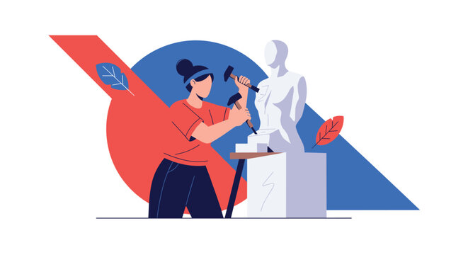 Skilled artist working in a creative studio to carve a marble statue using professional tools like a hammer and chisel for art.