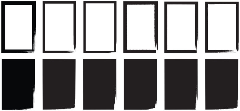 Abstract brush frame collection bundle elements. Rough black rectangular frame with textured distressed torn paper edges. Isolated vector