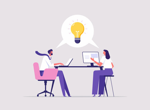 Business teamwork and creative brainstorming concept, group of people discuss around table with laptop and light bulb idea