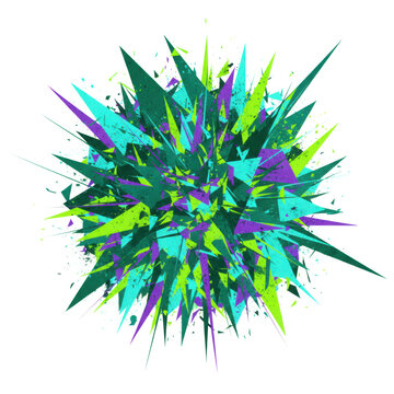 Abstract composition of sharp geometric triangles and jagged polygons in vibrant emerald and violet with paint splatters, kinetic modern art aesthetic