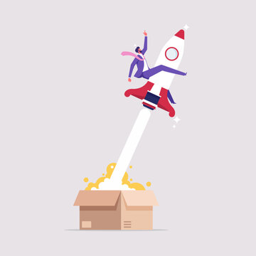 Discovering new creative ideas concept, think outside the box, solving work problems through innovation, businessman riding  rocket flew out of the box into the sky