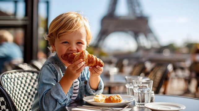 Kind sitzt in einem Caf&eacute; in Paris und isst ein Croissant mit dem Eiffelturm im Hintergrund