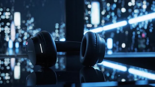 Black wireless headphones resting on a reflective desk with blue neon bokeh lights in the background.
