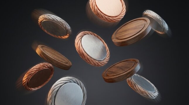 Multiple oval shaped wooden and metallic tokens are suspended in motion