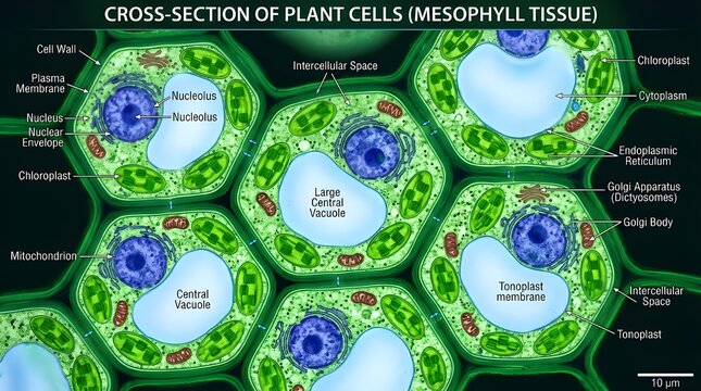 Detailed cross-section of plant cells, highlighting the internal structures and mesophyll tissue