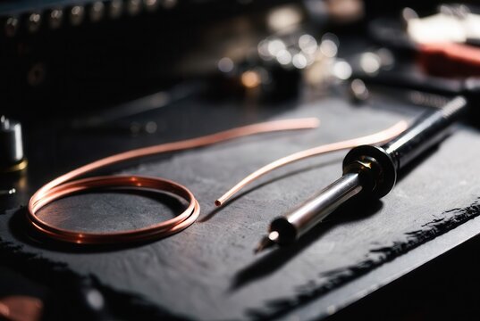 Soldering iron and coiled copper wire on dark textured surface, macro, detailed, craftsmanship