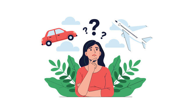 Thoughtful woman thinking about travel options with a car, plane and question marks floating around her head.