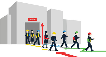 Fototapeta premium Flat design of an emergency evacuation scene, workers leaving a building, clean infographic style.