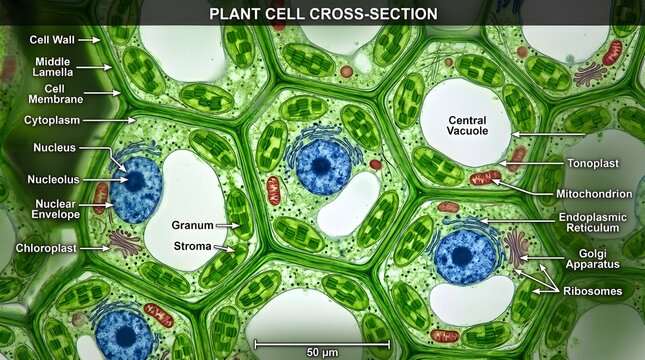 Detailed microscopic cross-section of a healthy plant cell structure revealing vital organelles and complex biological components